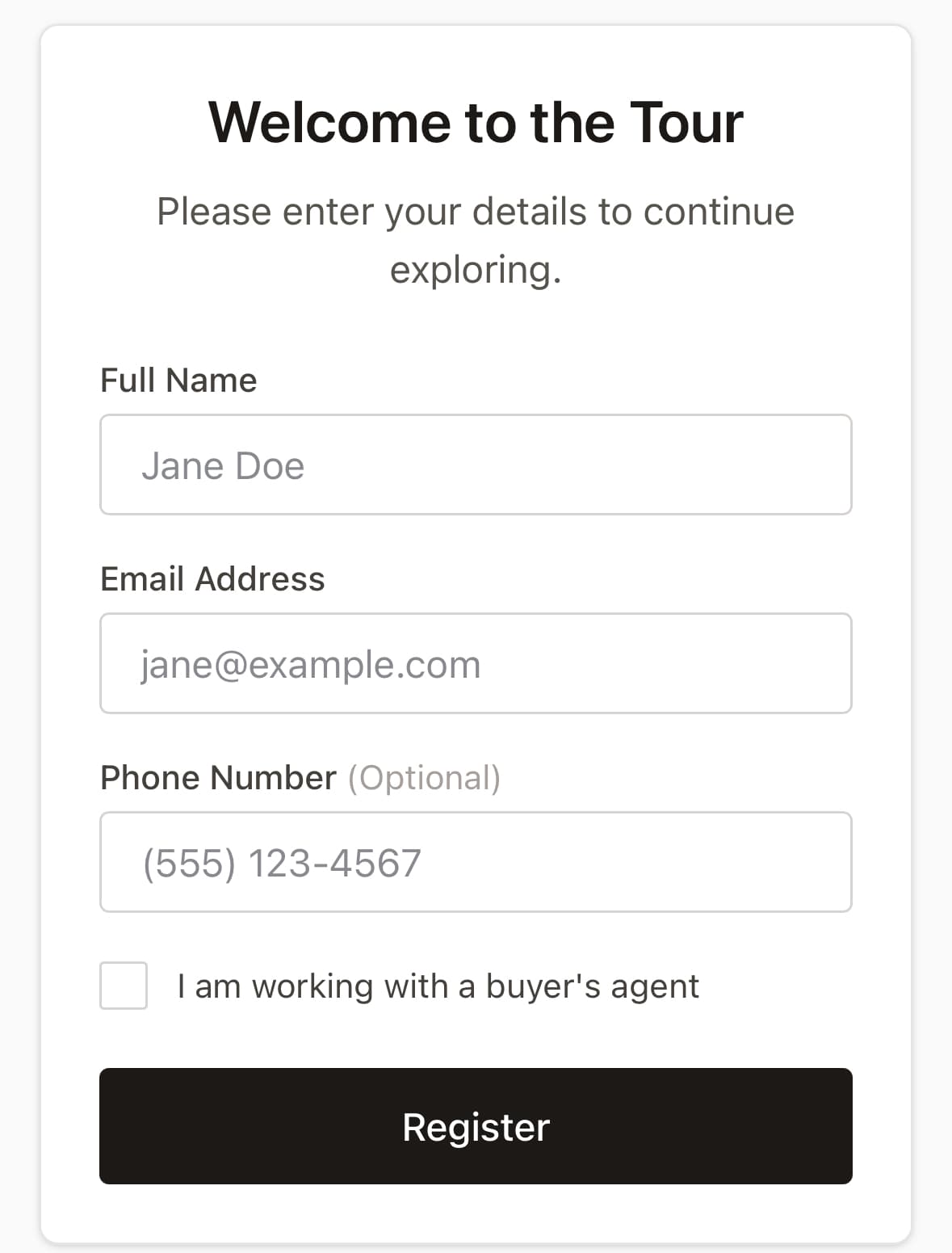 Welcome to the Tour registration form with fields for name, email, phone, and buyer's agent checkbox