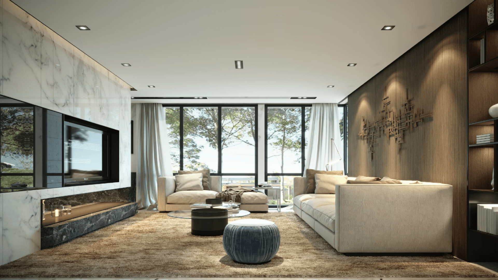 Modern living room with beige carpet and large windows